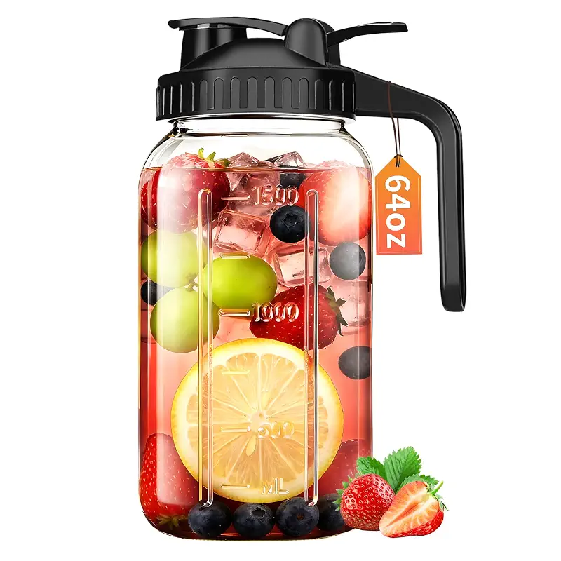 64 oz Mason Jar Pitcher with Lid, Airtight & Leakproof Glass Pitcher | 2 Quart (1/2 Gallon) Mason Jar with Pour Spout, Easy-Grip Handle, Wide Mouth, Cold Brew and Breastmilk, Iced Tea, Sun Tea