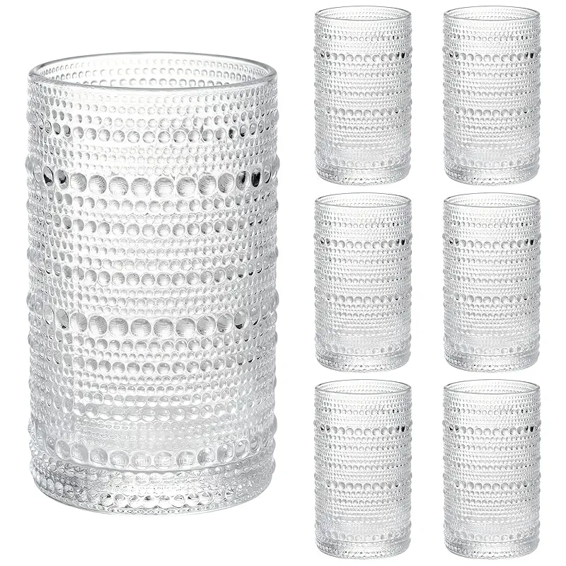 Moretoes Large 15oz Hobnail Drinking Glasses Set of 6 | Glass Cups, Kitchen Drinkware Glassware,Embossed Water Tumbler for Beer,Cocktail,Whiskey,Juice and Various Mixed Drinks