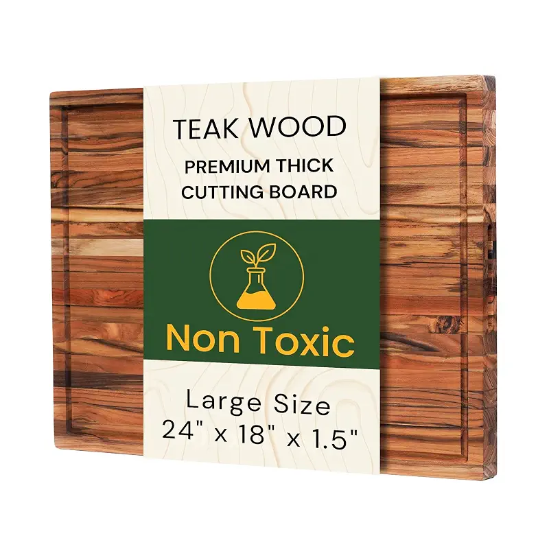 Extra Large Teak Wood Cutting Board 24x18 Inch for Meat, Brisket & Professional Kitchen Prep, 1.5" Thick Edge Grain Butcher Block with Deep Juice Groove & Handle, Non-toxic Board by New M Way