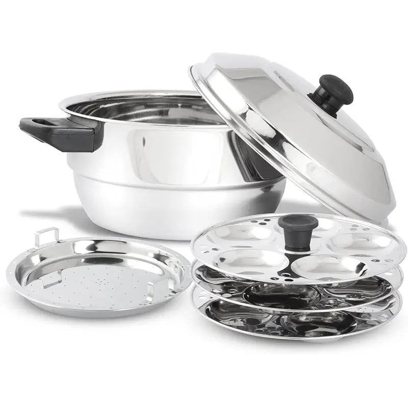 KSJONE Stainless Steel 5 Pcs Idli Maker Gas and Induction Friendly Multi-Utility Kadai Cookware with Stainless Steel lid, 3 idli Plates Makes (15 Idlis) 1 Patra Plate, Silver