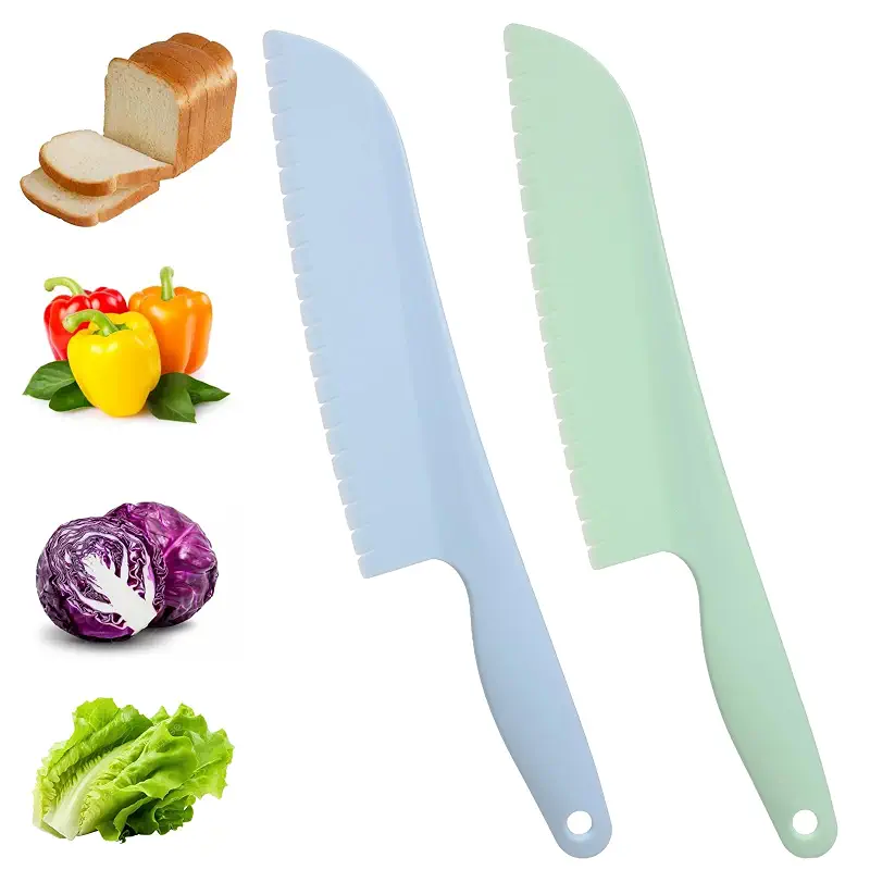 2pcs Lettuce Knife Cutter Set 11 Inch Professional Kitchen Cooking Plastic Serrated Knife for Veggies Salad Fruit Cake Bread And More Plastic Lettuce Knifes to Prevent Browning(Blue, Green)
