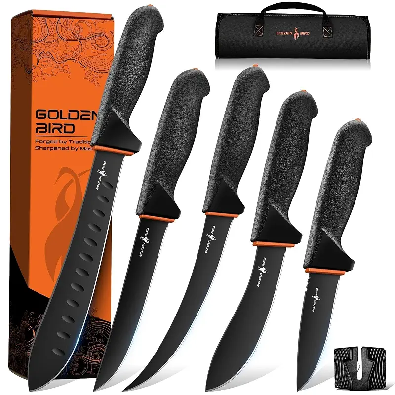 Golden Bird Butcher Knife Set - Non-slip Skinning Knife Set with Roll Bag | Professional Game Processing Knives Sets - Butcher & Skinning Boning Knives with German Stainless Steel, Gift for Men