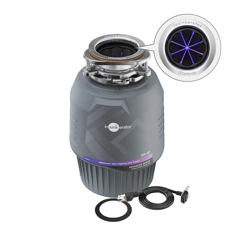 INSINKERATOR Evolution .75HP LED Garbage Disposal & Antimicrobial Flange | 3/4 HP, Advanced Series, Continuous Feed Food Waste Disposer, Odor-Fighting LED Flange​, 9-Year Limited Warranty, Septic Safe