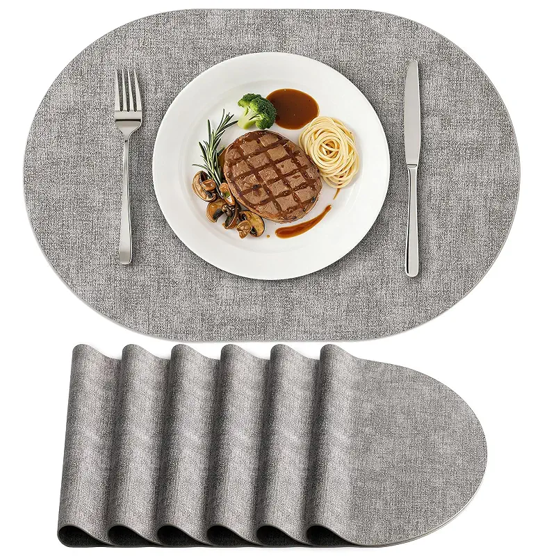 homing Placemats Set of 6, 11.8 x 17 Inch, Light Grey | Heat Resistant Oval Faux Leather Place Mats, Waterproof Wipeable Reversible PU Placemat, Indoor & Outdoor