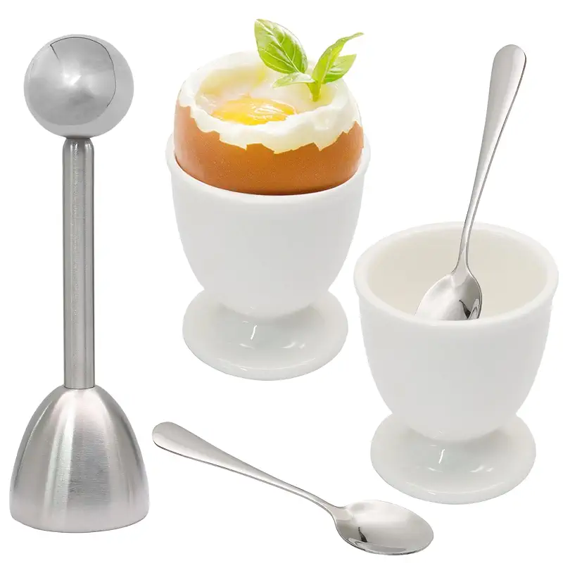 5 Pcs Ceramic Egg Cup & Egg Topper Cutter Set for Soft Boiled Eggs | Include 2 White Porcelain Egg Cups, 1 Stainless Steel Egg Cutter, 2 SS Spoons in Kitchen for Breakfast Cooking/Gift Childhood