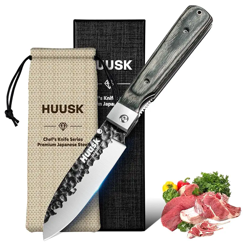 Huusk Japanese Folding Santoku Knife - Pocket Chef Knife | Portable Kitchen Knives, Hand Forged Blade, Wooden Handle, Gift Box, For BBQ, Camping and Travel