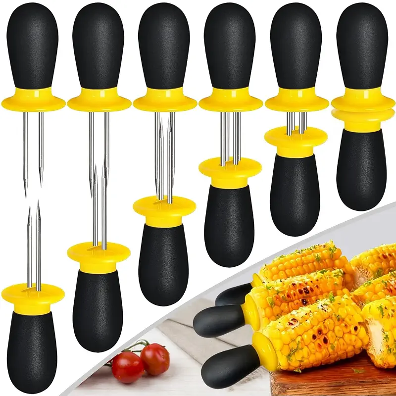 12 Pcs/6 Pairs Corn Holders, Stainless Steel Corn Cob Holders Corn on The Cob Skewers for Home Cooking BBQ Parties Camping, Yellow-Black