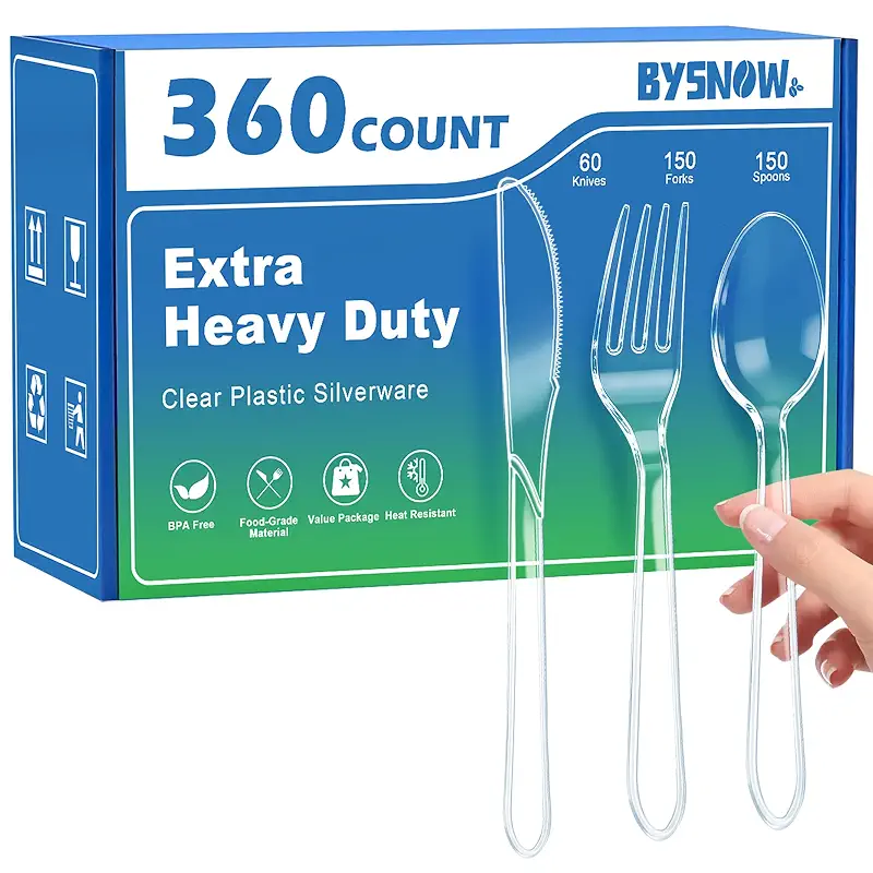 BYSNOW 360 Count Extra Heavy Duty Plastic Silverware Disposable Plasticware | BPA-Free, Heat Resistant, Disposable Clear Utensils Set, Plastic Cutlery Set Bulk for Parties, Events and Everyday Use