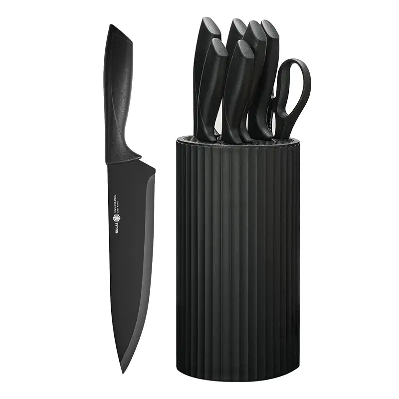 Knife Set, 8-Piece Kitchen Knife Set with Universal Block - Anti-Rust Chef Knives, Ergonomic Design, Dishwasher Safe (Black)
