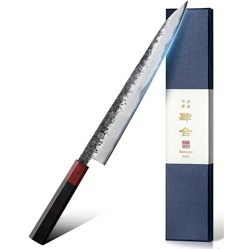 kanngou Sushi Knife 27cm Japanese Carving Knife, AUS-8 Steel Sujihiki Sashimi Knives for Fish Filleting and Meat Slicing, Double Edge Yanagiba Knives with Premium Gift Box