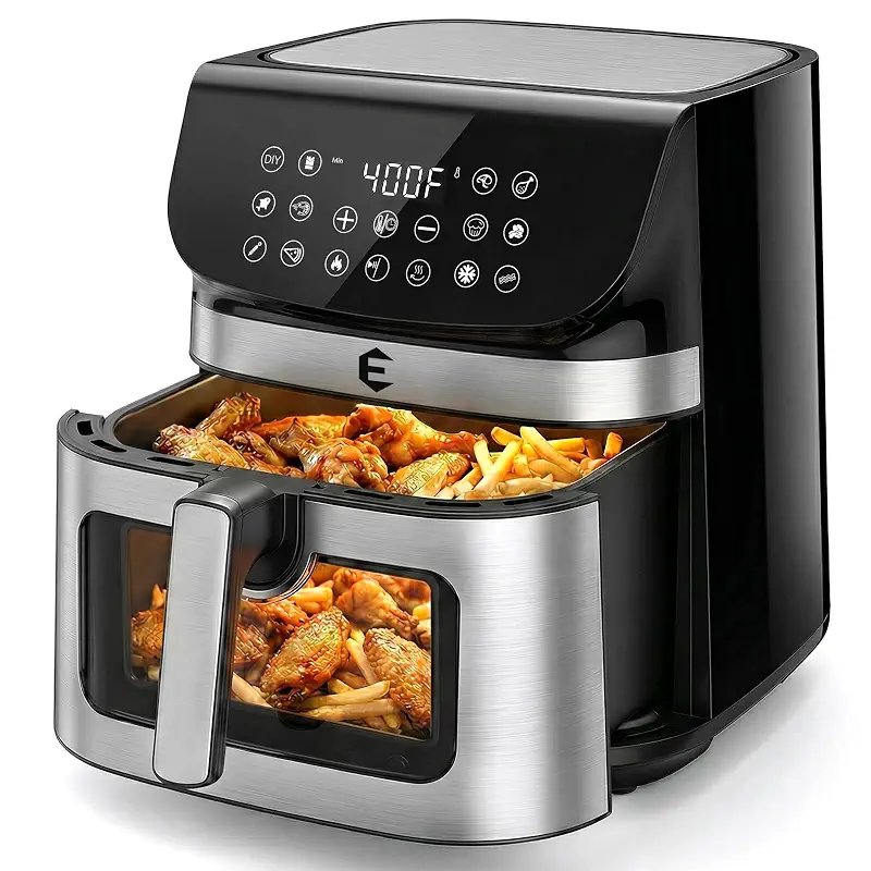 9.5Qt Large Air Fryer Oven, 12 Digital Preset Airfryer Toaster Oven Combo with Touchscreen, Non Toxic Stainless Steel Air Fryer with Viewing Window, XL Capacity Basket Style Airfryer for Family, Black