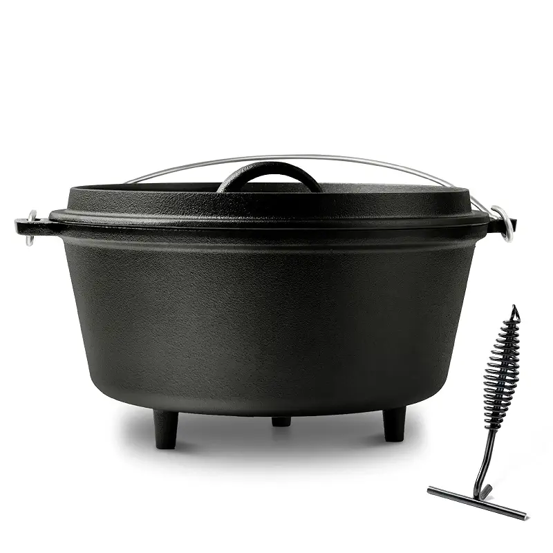 Pre-Seasoned 8QT Large Cast Iron Camping Dutch Oven Pot with Lid | Heavy- Duty Camping Cookware incl. Lid Lifter - Dual Handles - for Outdoor Campfire, Grill, Oven & Stovetop Cooking Black