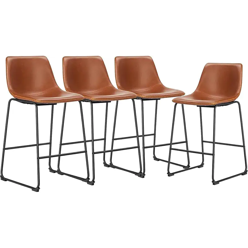 DUMOS Counter Height Bar Stools Set of 4, Faux Leather Metal Bar Chairs | Barstools with Back, Leg, Armless, Upholstered, Kitchen Island, Modern Design, 26 Inch, Brown