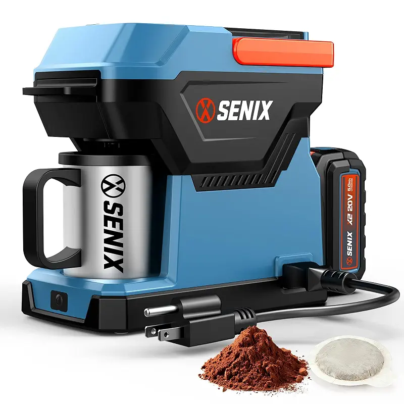 SENIX Portable Coffee Maker with 5000mAh Battery, Dual AC/DC Electric Coffee Machine for Car/RV/Camping, Cordless Outdoor Travel Brewer Compatible with Ground & ESE Pods, Included Cup