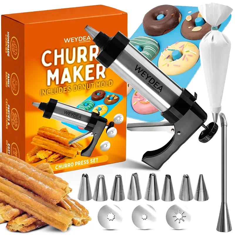 Churro Maker Kit Stainless Steel– Churrera Press with 3 Discs, 8 Piping Nozzles, Pastry Bag and Silicone Donut Mold – DIY Baking Set for Home