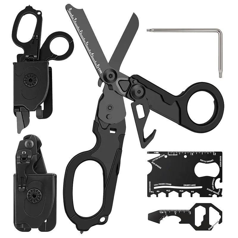 6-in-1 Trauma Shears Foldable Kit, Heavy Duty Emergency Tools with Glass Breaker Seatbelt Cutter and Holster, Multipurpose Scissors for Car Safety, EDC, Medical, First Aid - Electroplated Black