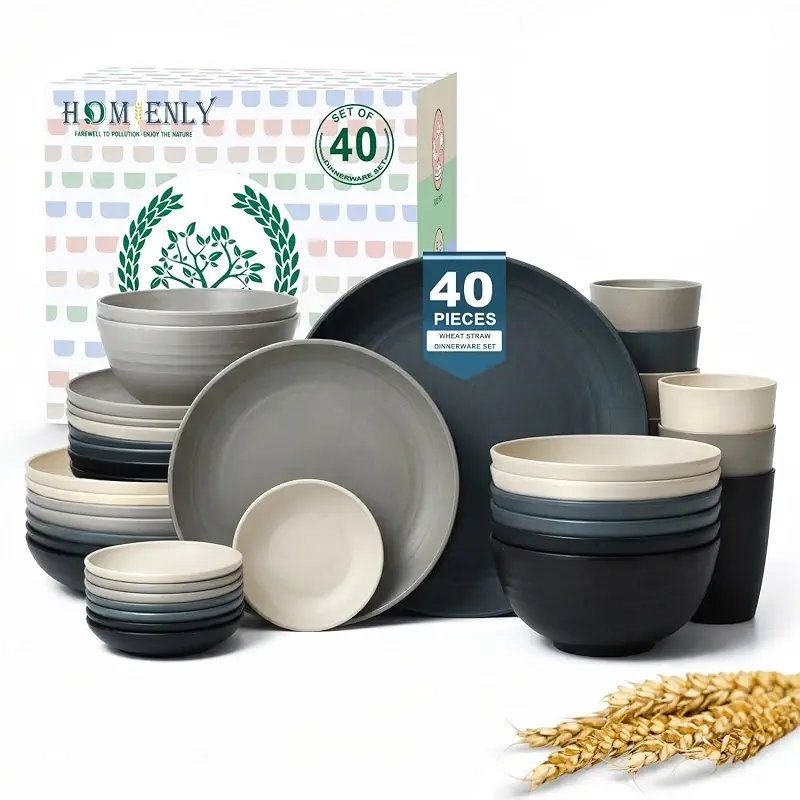 Homienly 40 PCS Wheat Straw Dinnerwave Sets for 8 Unbreakable Plates and Bowls Sets with Cups & Saucers, Microwave Dishwasher Safe Dishes Sets for Kitchen, Camping, RV, Party, Stackable (Gery Stone)