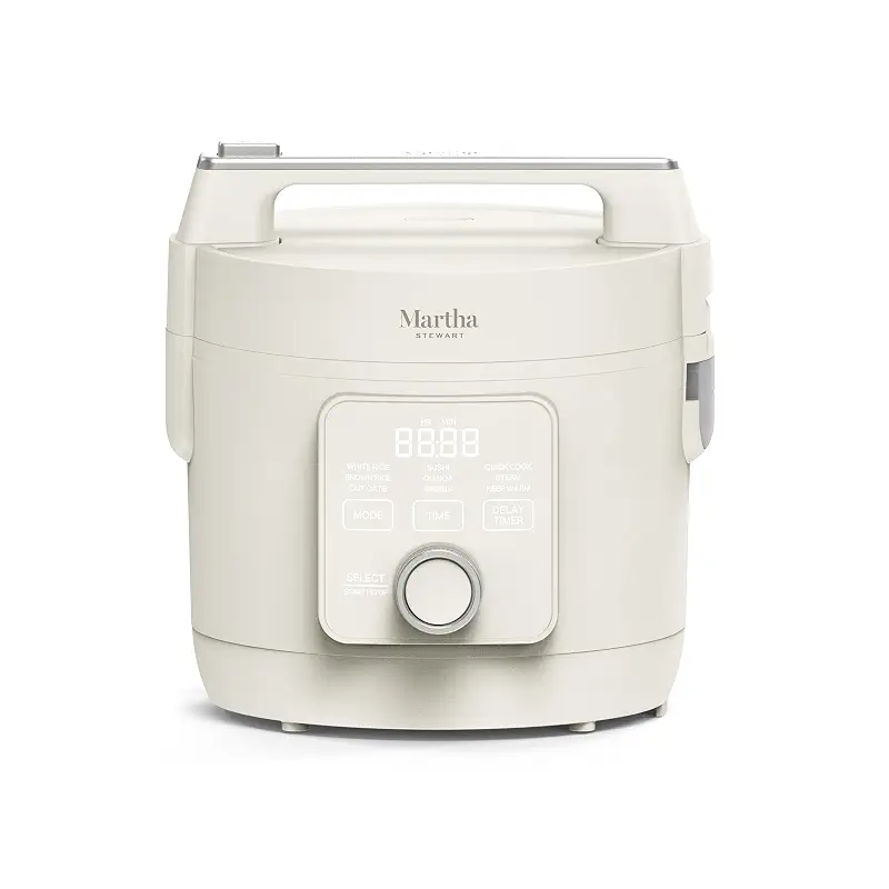 Martha Stewart 8 Cup Cooked (4 Cup Uncooked) Rice Cooker & Steamer, Linen | PFAS-Free Ceramic Nonstick Removable Pot, 9 Modes, Keep Warm, Steamer, White & Brown Rice, Quinoa, Grains, Oats, Easy Clean