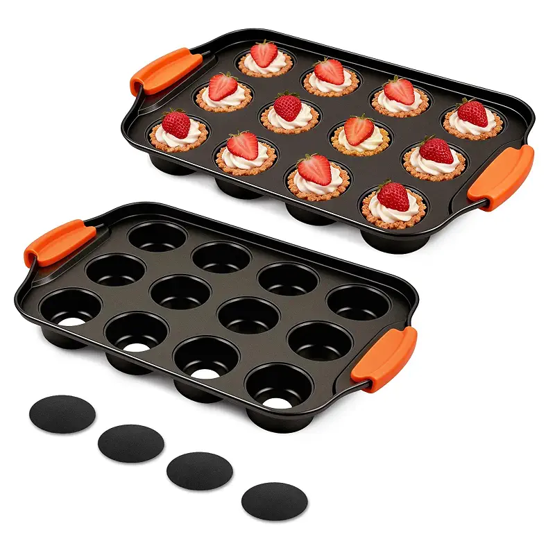 2 Pack Mini Cheesecake Pans, 12 Cavity Small Muffin Tray with Silicone Grip Handles Nonslip, Removable Bottom Cupcake Baking Supplies for Kitchen