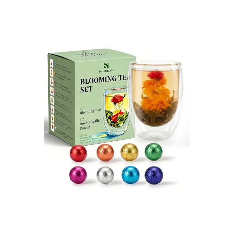 Blooming Tea Gift Set with Double-Walled Glass Teacup, 8 Handcrafted Flowering Tea Balls, Artisan Green Tea and Flower Varieties, Perfect Birthday and Anniversary Gift for Tea Lovers