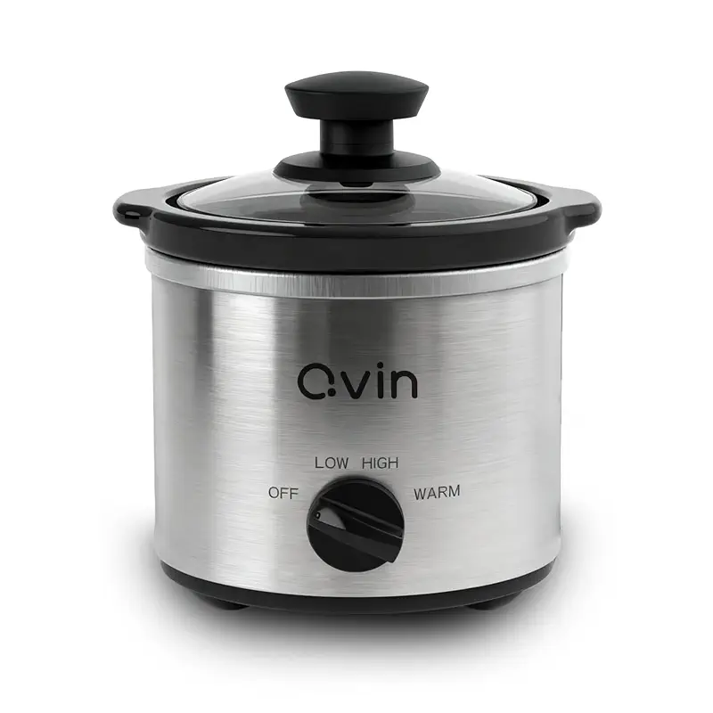 Qvin 0.65Qt Mini Slow Cooker with Temperature Control Knob,S/S housing | Small slow cooker with temperature control, glass lid dishwasher-safe stoneware, round fondue melting pot for dips