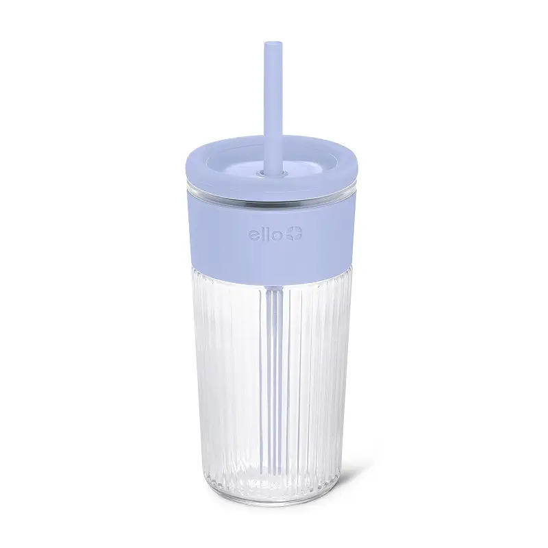 Ello Ava 18oz Glass Tumbler with Straw and Lid for Iced Coffee, Blueberry | Fluted glass cup with silicone grip & straw for iced drinks, splash-resistant lid, dishwasher safe parts, & car cup friendly