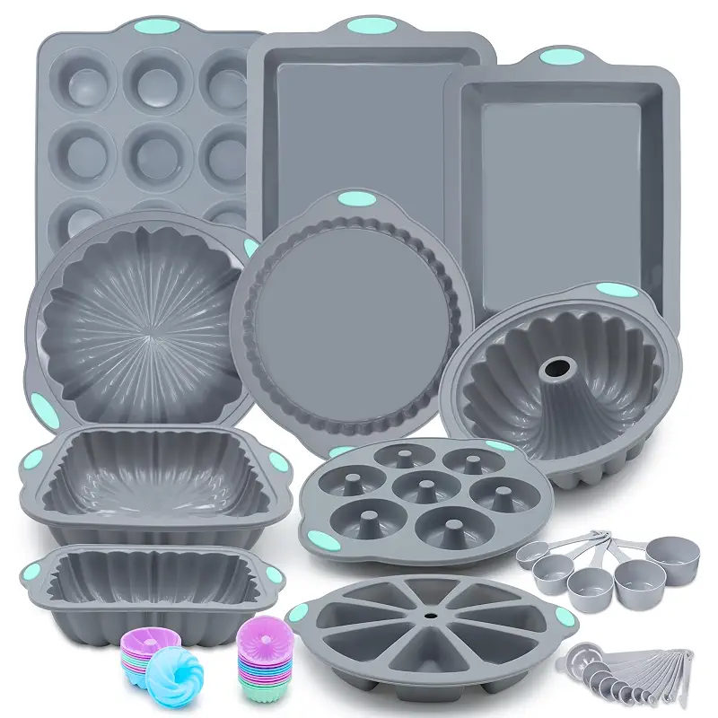 To encounter 51 Piece Silicone Baking Pan Set, Non-Stick Bakeware Set with Baking Pans, Reusable Donut Mold, Food-Grade Silicone Molds for Cakes, Cookies, Muffins, Bread, Light Grey