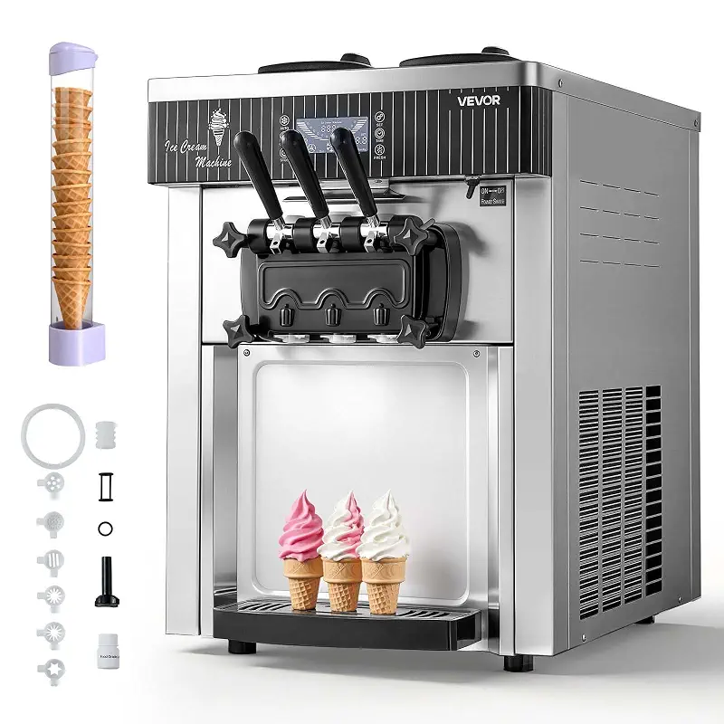 VEVOR Commercial Ice Cream Machine, 20-28L/H Yield, 2200W 3-Flavor Countertop Soft Serve Ice Cream Maker with 2 x 6L Hoppers & Hopper Agitation, Pre-Cooling Self-Cleaning for Snack Dessert Shops | for Snack, Dessert Shops, Cafe, Soft Serve Ice Cream Maker with 2 x 6L Hoppers, Agitation, Pre-Cooling, and Self-Cleaning