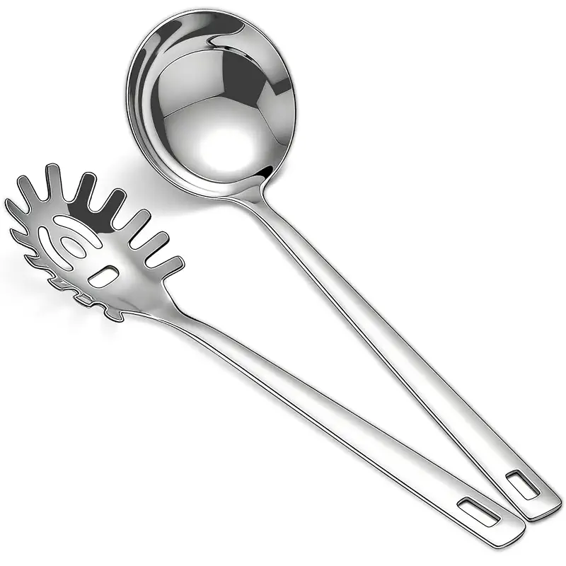 Berglander Kitchen Ladle Spoon and Spaghetti Spoon Set 2 pieces, Pasta Spoon Stainless Steel Kitchen Utensils for Cooking, Stirring, Serving Spaghetti, Soup, Sauce, Dishwasher Safe