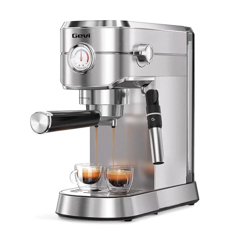 Gevi 20 Bar Espresso Machine with Milk Frother,Compatible with Pods&Ground | Compatible with Nespresso Pods&Ground; Built-in pressure gauge; Removable Water Tank; Make Americanos、Latte; Easy to Clean;