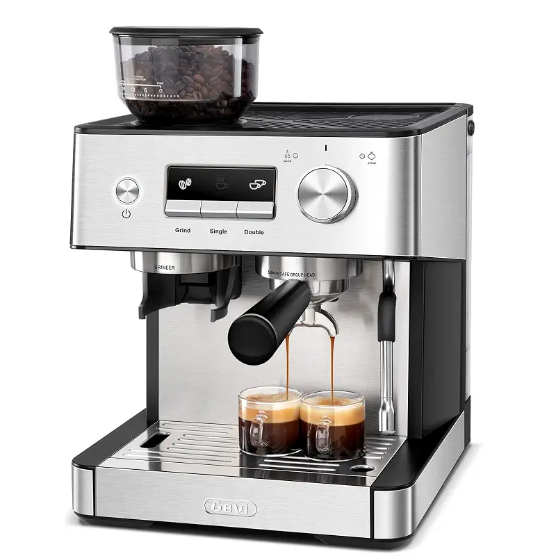 Gevi 20 Bar Espresso Machine With Built-In Grinder & Milk Frother | All-In-One Home Barista Machine Makes Latte & Cappuccino, 2.3L Detachable Tank, Stainless Steel Wand Produces Silky Microfoam