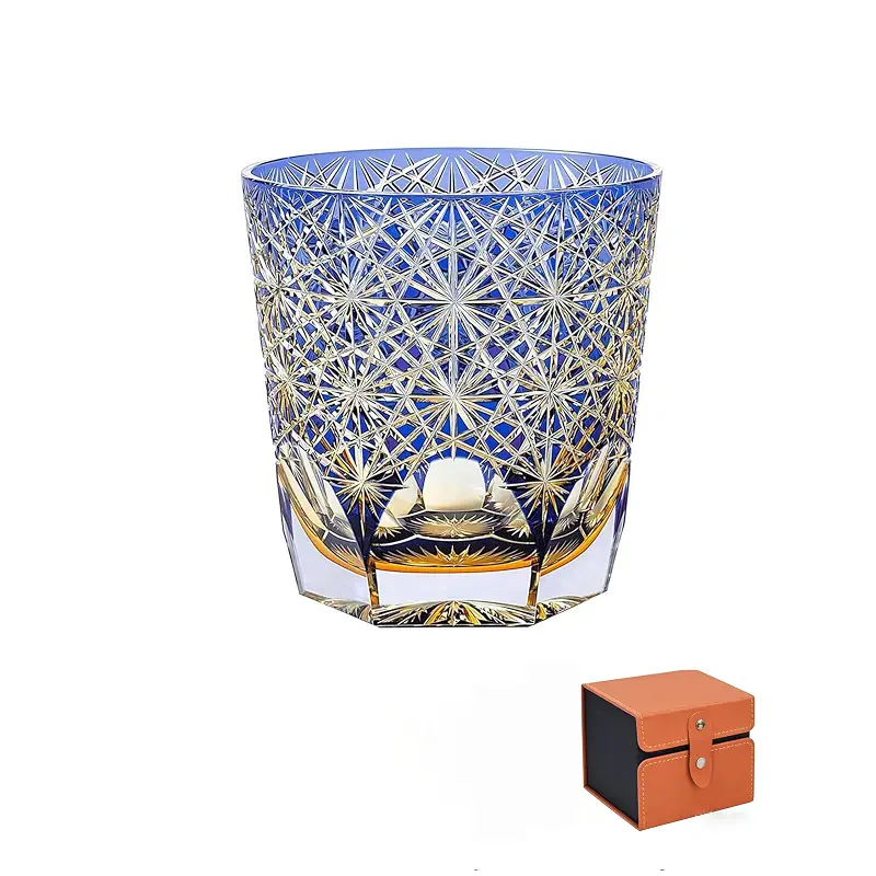 hand-cut Glass crystal cup perfect as a gift suitable for serving cocktails vodka and whiskeycomes with a Luxurious gift box and ribbon (1 piece (BLUE))