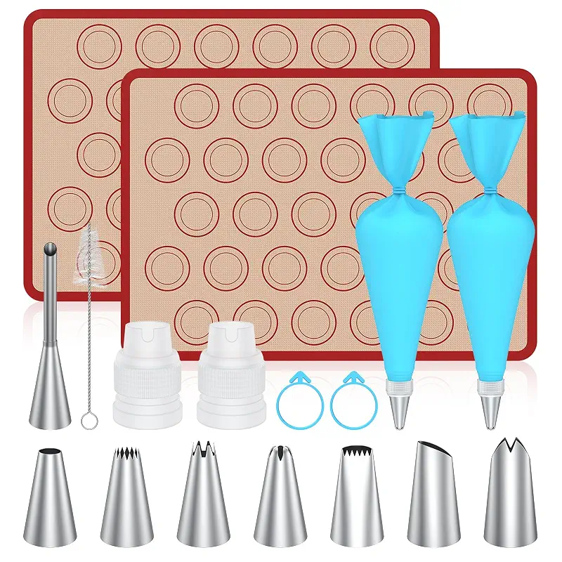 Macaron Silicone Baking Mats, 2 Nonstick Macaroon Mat Silicone, 7 Piping Tips, 2 Piping Bags, 2 Bag Ties, 2 Couplers, 1 Puff Tip, 1 Brushes, 17 Pcs Macaron Baking Kits for Macarons Cookies