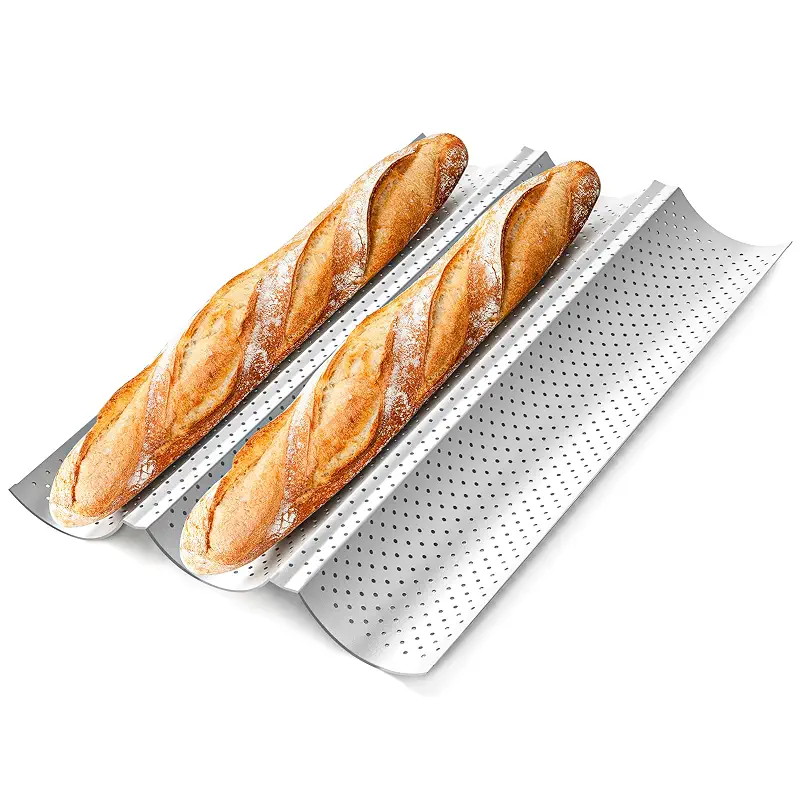 Baguette Bread Pan, 3 Loaves Nonstick Perforated French Bread Pan | Heavy Duty Baguette Baking Pan, Creating Crisp Golden-Brown Crust, Baguette Tray for Italian Loaf Bread, Sub Roll, Sourdough
