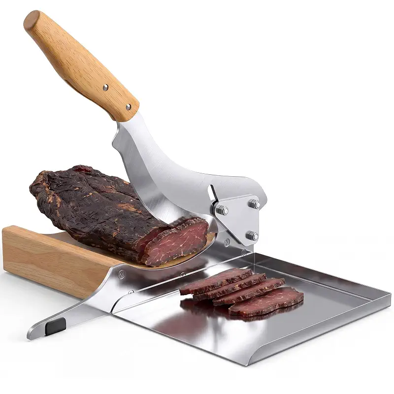 Mifoci Manual Meat Slicer, Radiused Blade for Butter Jerky, Magnetic Tray | Wooden Handle, for Biltong Salami Ginseng Antler, Chinese Herb Gastrodiae Maca, Detachable Magnetic Base for Easy to Clean