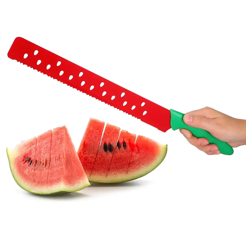 17 Inch Long Watermelon Knife with Protective Sleeve, Serrated Stainless Steel Fruit Slicer, Ergonomic Handle Cutter for Melon, Bread, Cake, Outdoor BBQ & Picnic