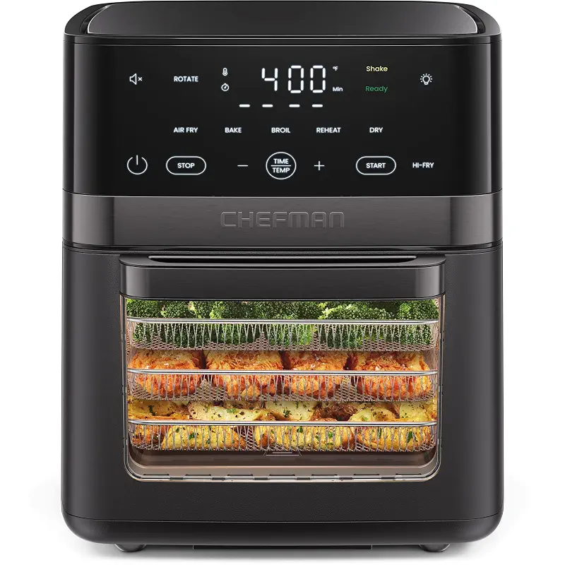 Chefman Air Fryer 6-in-1, XL 14-Quart Multifunctional Airfryer with Touchscreen Controls, Rotisserie, Food Dehydrator, Convection Oven, Bake, Broil, and Reheat Functions, Windowed Door – Black