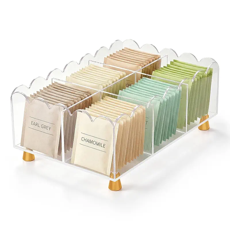 Acrylic Tea Bag Organizer, 6 Spacious Compartments Tea Bag Holder, Clear Scalloped Edge with Gold Accent Feet, Tea Storage Box for Countertop, Pantry, Cabinet, Sugar Packets