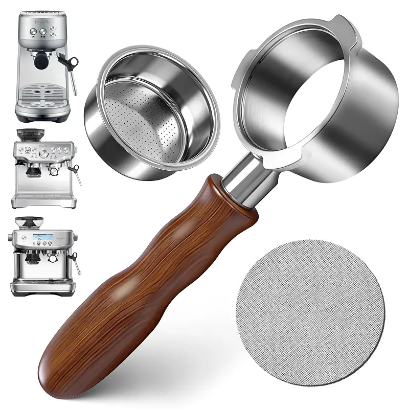 54mm Bottomless Portafilter for Breville Barista Express Pro Touch | Naked Portafilter with 16-18g Filter Basket & 53.3mm Puck Screen, 304 FG Stainless Steel, Walnut Handle Espresso Accessories