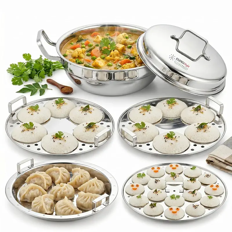 EUROStyle Triply Stainless Steel Multi Kadai Idly Cooker - ISI Mark Certified - Full Triply Body for Even Cooking - 12 Idlies + Mini Idly Plate - Induction & Gas Compatible - 3 in 1 Kadai, Idly cooker