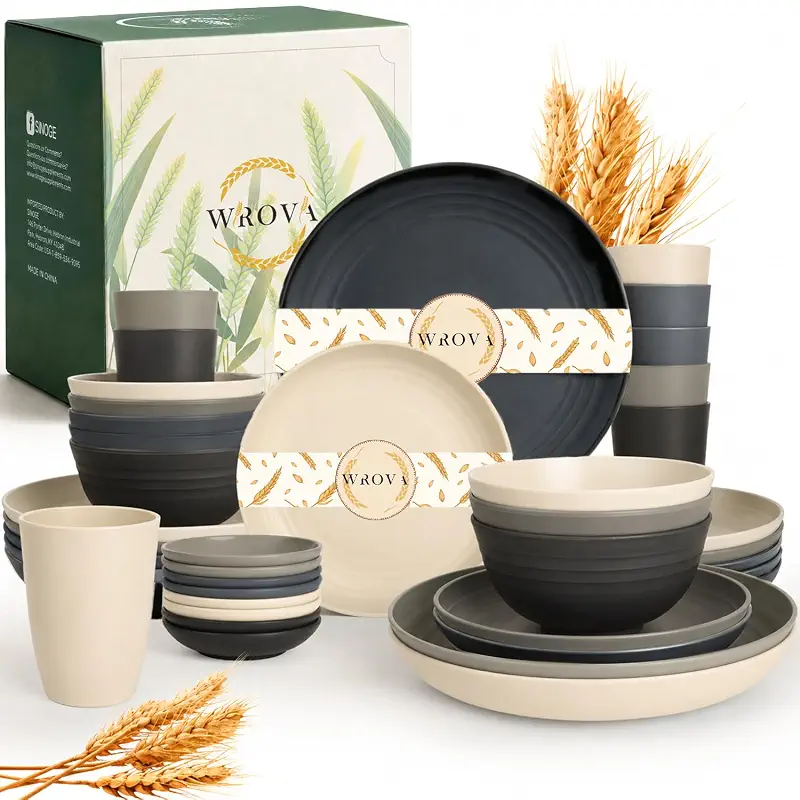 Wrova Kitchen Plates and Bowls Sets 40PCS,Wheat Straw Dinnerware Sets for 8 | Unbreakable Plates Bowls and Cups Set, Side Dishes, Microwave & Dishwasher Safe Dishware Sets, RV dishes Set, Black & Gray