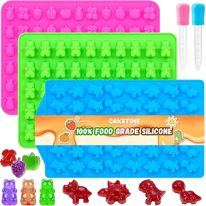 Gummy Candy Molds with 2pcs Droppers, Silicone Chocolate Molds 3 Pack | Non-stick, BPA Free, Bear Dinosaur Fruit Shape, Easy Release & Clean, Food-Grade Silicone, Gummy Bear Mold, Fruit Snack Molds