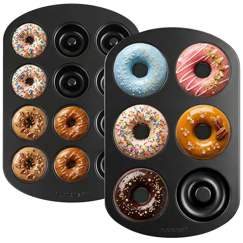 NutriChef Variety 2 Pack Full & Mini Donut Pan for Baking | One 12-Cavity Mini Donut Pan & One 6-Cavity Full Size Donut Pan for Baking | Carbon Steel Bagel Molds | Oven Safe Up To 450°F | Black