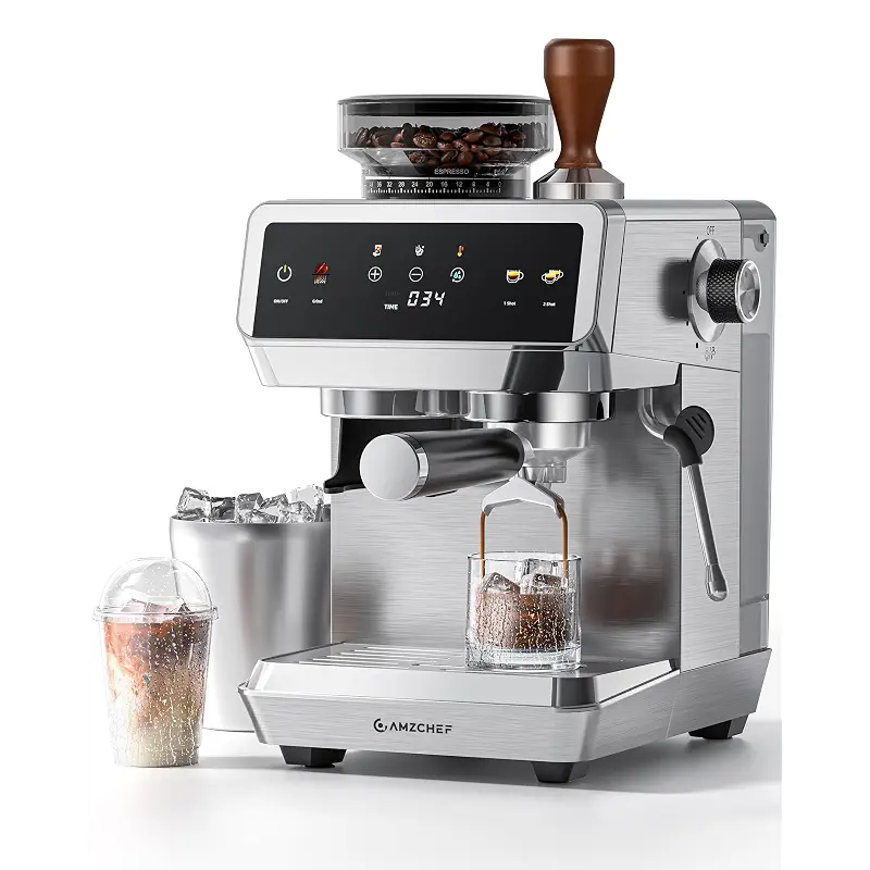 AMZCHEF Espresso Machine With Grinder, Temp Control, 44 Grind Settings | Hot & Cold Brew, Cappuccinos & Lattes, Built-in Grinder, Milk Frother, Touch Screen, Easy to Clean, Compact Design, Silver
