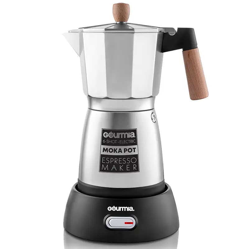 Gourmia Electric Moka Pot Espresso Maker – 6 Shot Italian-Style Coffee Brewer, 550W Detachable 360° Cordless Base, Food-Grade Aluminum, Beechwood Handle