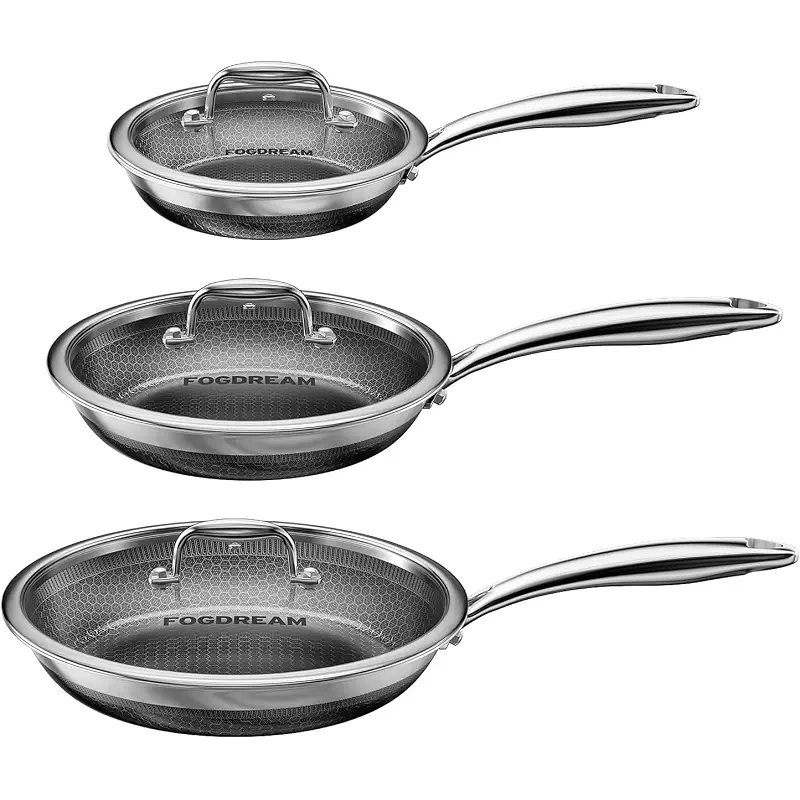 FogDream 8, 10, 12 Inch Stainless Steel Frying Pan Set with Lid, Honeycomb Hybrid Nonstick Skillet for Induction & All Cooktops, PFAS/PFOA/PTFE Free, Oven Safe 500°F, Silver