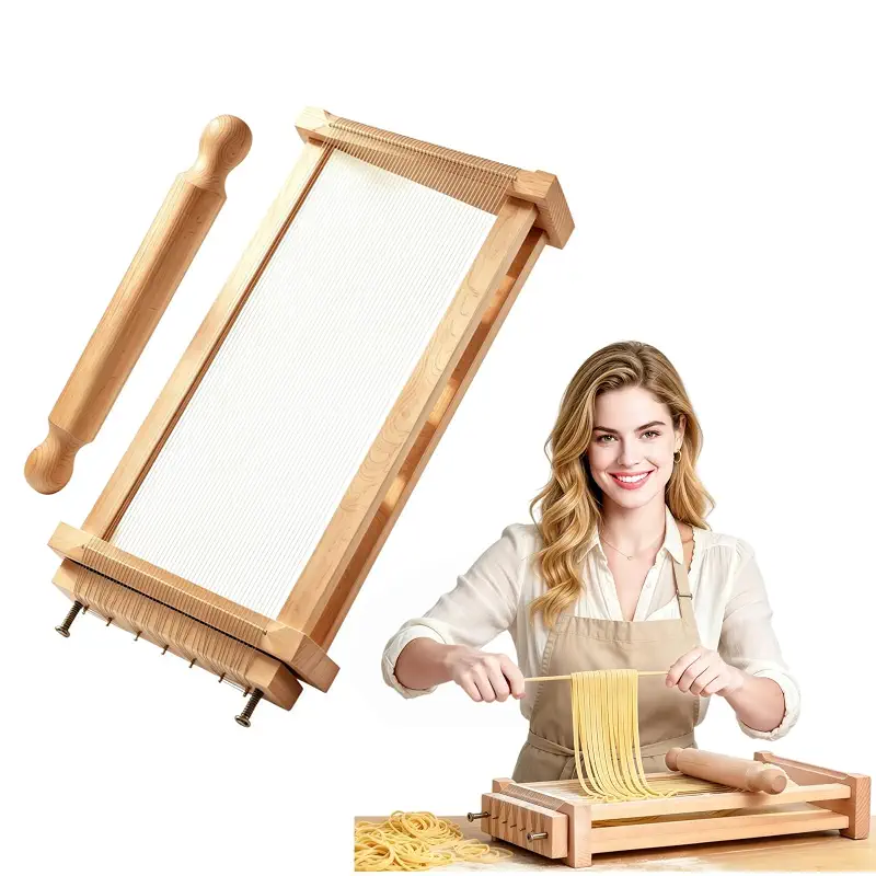 Beechwood Chitarra Pasta Cutter, Dual-Width Stainless Steel Strings | Spaghetti and tonnarelli cutting widths, manual operation, pasta board surface, rolling pin included, for family meal prep
