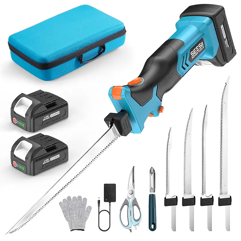 Seesii Cordless Electric Fillet Knife with 4 Blades for Fishing Filleting | 4 Blades, 2 x 2000mAh Batteries, Safety Switch, Non-Slip Handle, Carry Case