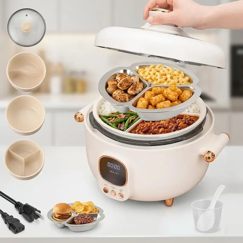 4.2Qt Electric Pressure Cooker & Smart Multi-Cooker, 10-in-1 Innovative 3-Compartment Rice Cooker, 1000W Hot Pot with 24H Timer, 70KPa Fast Cooking, Non-Stick Inner Pots, Heat Preservation, 110V, White