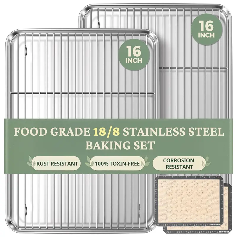 BRONYPRO 18/8 Stainless Steel Baking Sheet Set (2 Pans + 2 Mats+ 2 Racks) | Uncoated Cookie Sheets with Wire Rack & Macaron Silicone Mats, Non-Toxic (PFOA & PTFE Free), 16 In Jelly Roll Trays for Oven